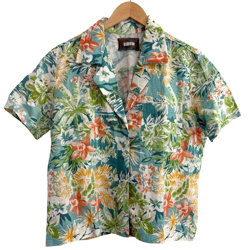 Reformation Short Sleeve 100% Linen Shirt Womens Size Large Hawaiian Resort